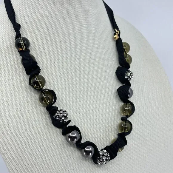 J. Crew Necklace Glass Rhinestone Ribbon Beaded Tie Closure Estate Costume - Picture 2 of 8